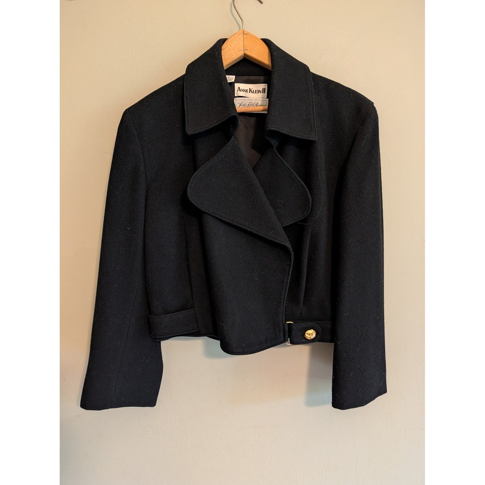 Vintage Anne Klein II Saks Fifth Avenue Wool Cropped Jacket Black Gold Button 8